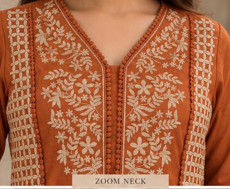 Cotton Embroidered Crochet Work A-Line Kurta Pant Dupatta Set