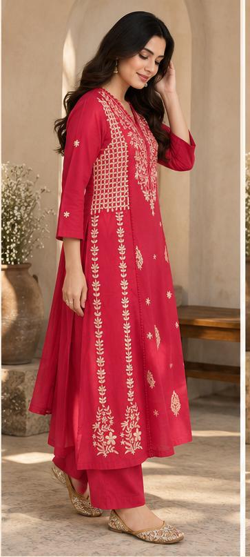 Cotton Embroidered Crochet Work A-Line Kurta Pant Dupatta Set