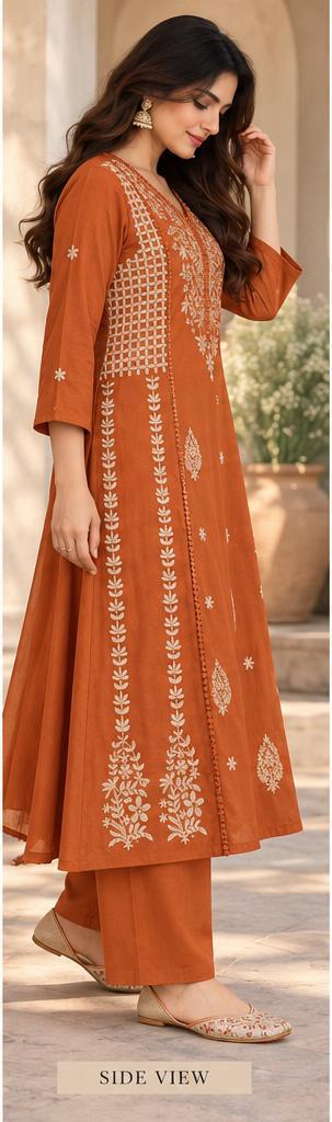 Cotton Embroidered Crochet Work A-Line Kurta Pant Dupatta Set