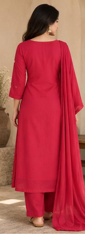 Cotton Embroidered Crochet Work A-Line Kurta Pant Dupatta Set
