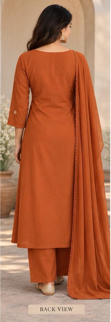 Cotton Embroidered Crochet Work A-Line Kurta Pant Dupatta Set