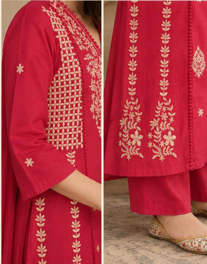 Cotton Embroidered Crochet Work A-Line Kurta Pant Dupatta Set