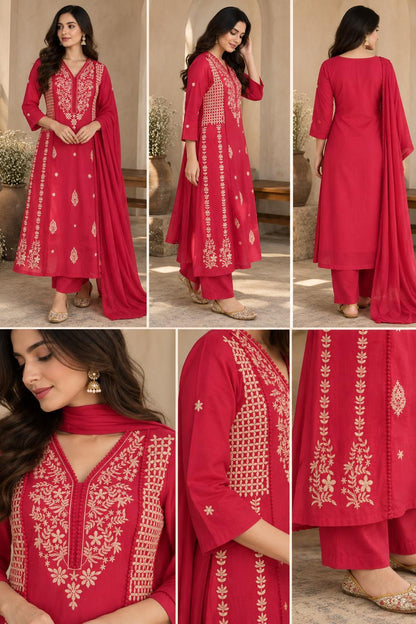 Cotton Embroidered Crochet Work A-Line Kurta Pant Dupatta Set