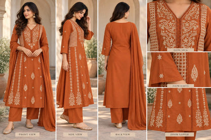 Cotton Embroidered Crochet Work A-Line Kurta Pant Dupatta Set