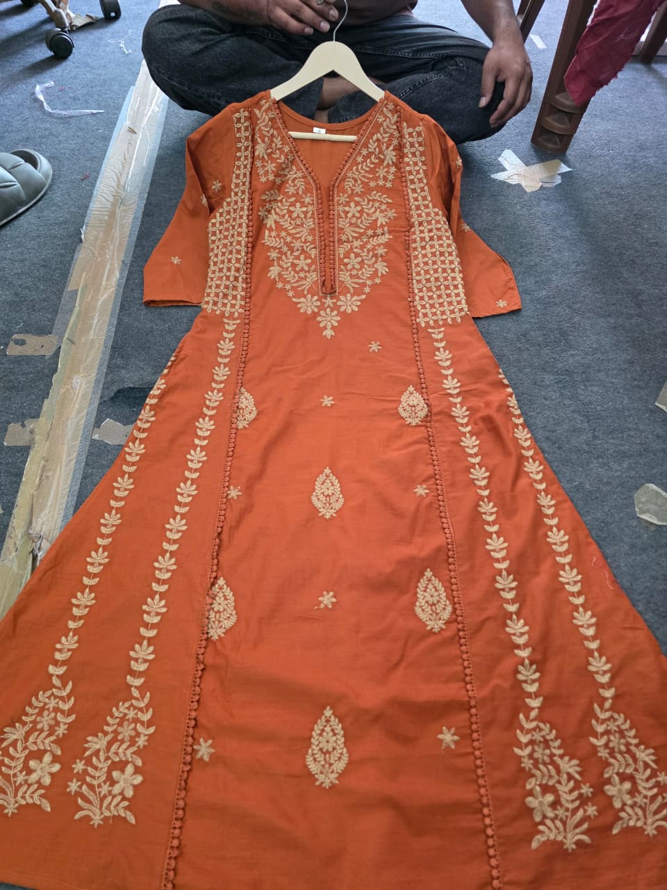 Cotton Embroidered Crochet Work A-Line Kurta Pant Dupatta Set