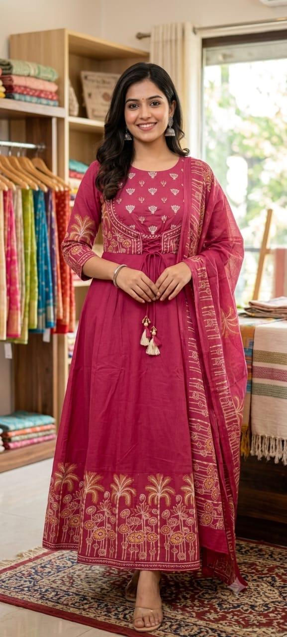 Cotton Embroidered Flared Anarkali Kurta Pant & Dupatta Set