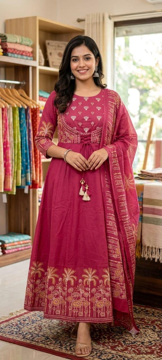 Cotton Embroidered Flared Anarkali Kurta Pant & Dupatta Set