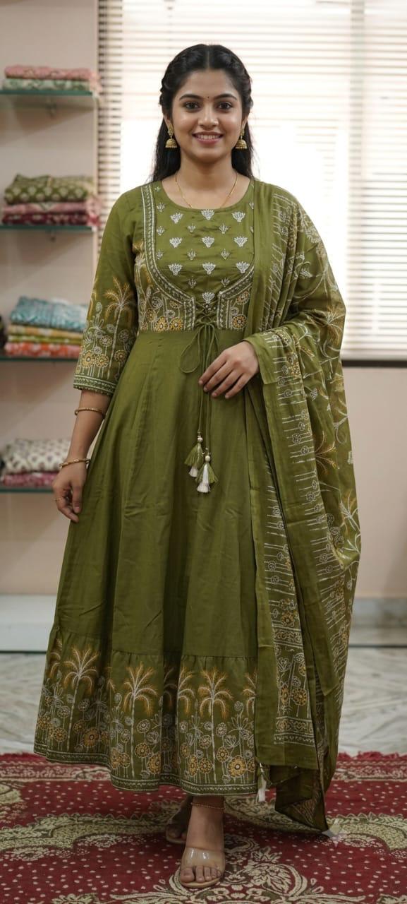 Cotton Embroidered Flared Anarkali Kurta Pant & Dupatta Set