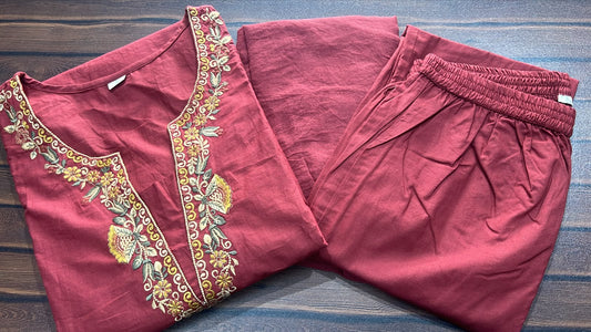 Cotton Embroidered Kurti Pant Dupatta Set with Neckline & Yoke Work
