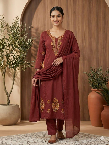 Cotton Embroidered Kurti Pant Dupatta Set