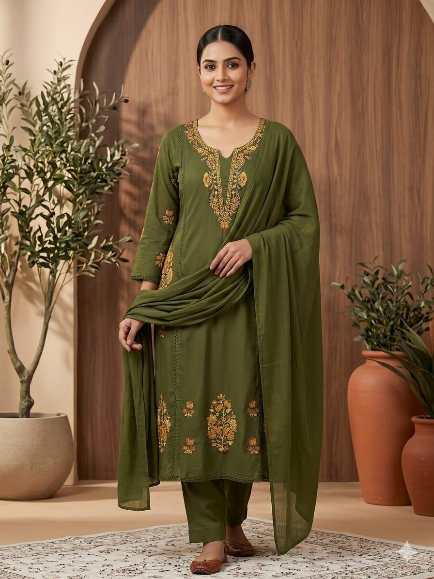 Cotton Embroidered Kurti Pant Dupatta Set
