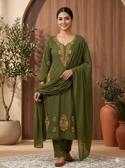 Cotton Embroidered Kurti Pant Dupatta Set