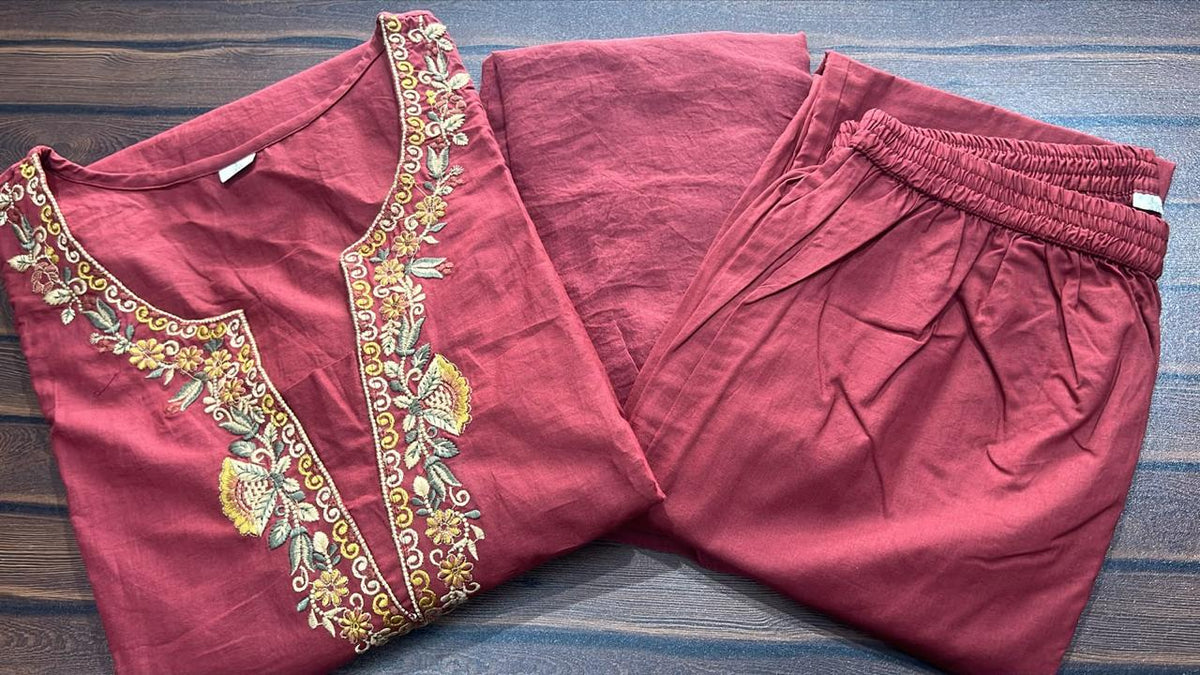 Cotton Embroidered Kurti Pant Dupatta Set