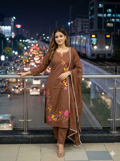 Cotton Embroidered Kurti Pant Dupatta Suit Set for Women