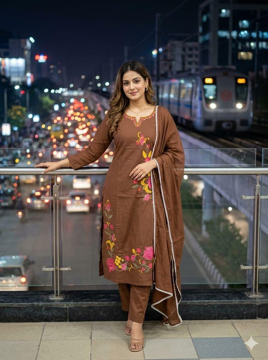 Cotton Embroidered Kurti Pant Dupatta Suit Set for Women