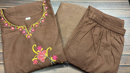 Cotton Embroidered Kurti Pant Dupatta Suit Set for Women