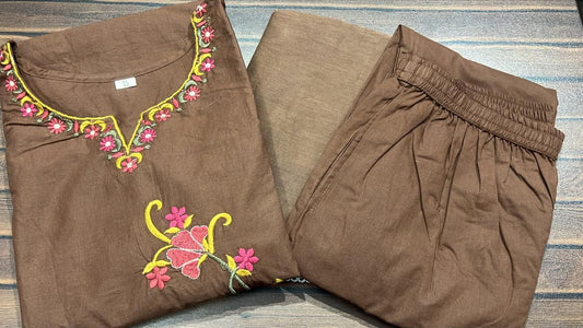 Cotton Embroidered Kurti Pant Dupatta Suit Set for Women