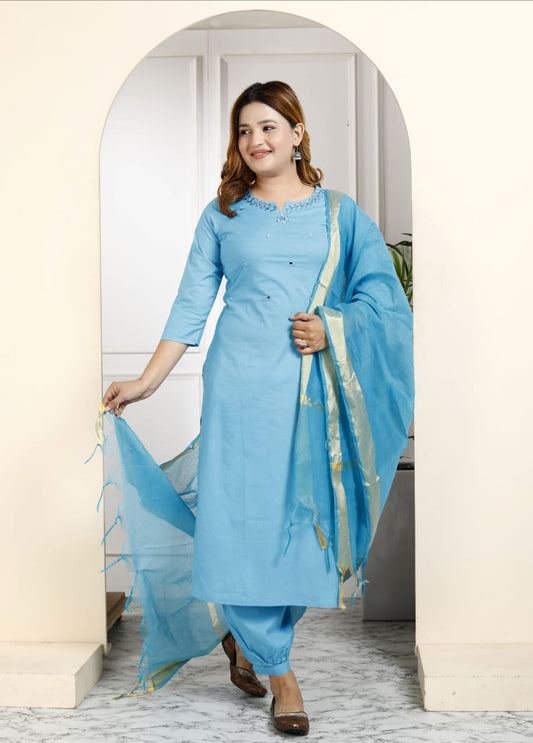 Cotton Embroidered Kurti Pant Set with Dupatta – Fully Stitched