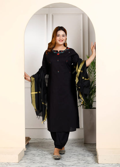 Cotton Embroidered Kurti Pant Set with Dupatta – Fully Stitched