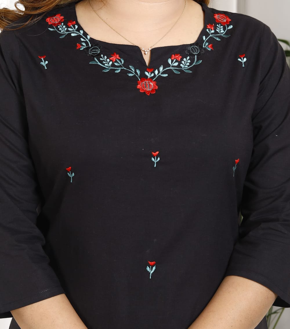 Cotton Embroidered Kurti Pant Set with Dupatta – Fully Stitched