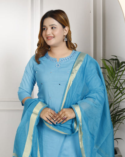 Cotton Embroidered Kurti Pant Set with Dupatta – Fully Stitched