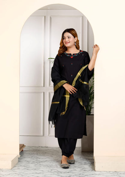 Cotton Embroidered Kurti Pant Set with Dupatta – Fully Stitched