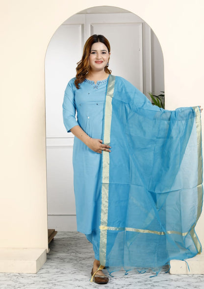 Cotton Embroidered Kurti Pant Set with Dupatta – Fully Stitched