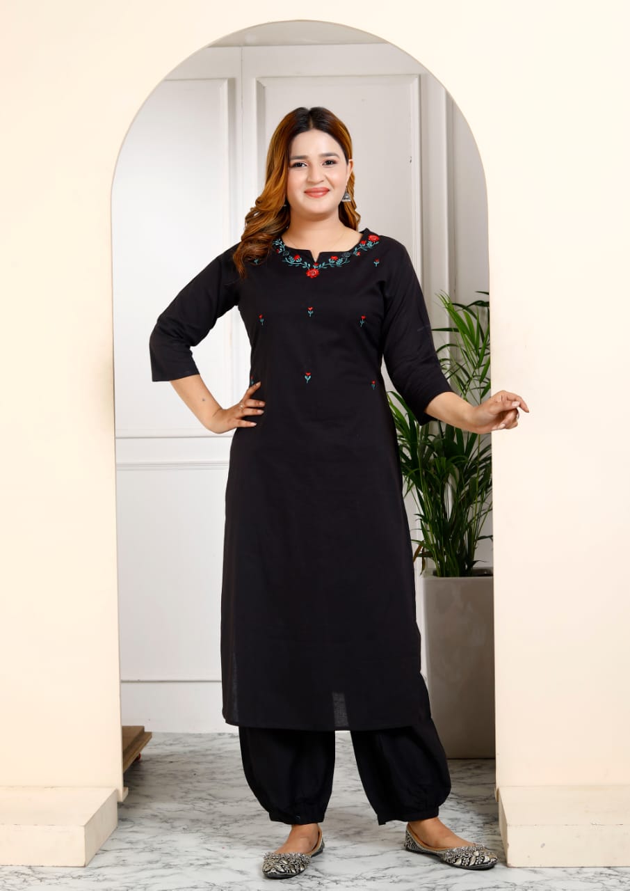 Cotton Embroidered Kurti Pant Set with Dupatta – Fully Stitched