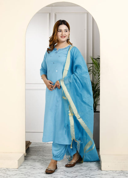 Cotton Embroidered Kurti Pant Set with Dupatta – Fully Stitched