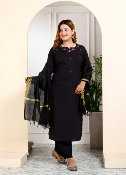 Cotton Embroidered Kurti Pant Set with Dupatta – Fully Stitched