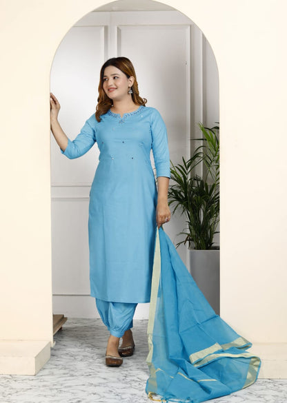 Cotton Embroidered Kurti Pant Set with Dupatta – Fully Stitched