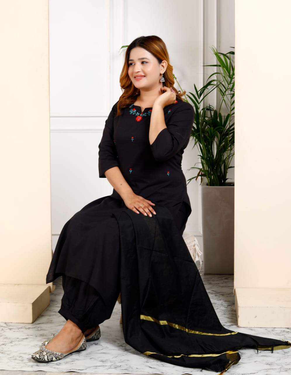 Cotton Embroidered Kurti Pant Set with Dupatta – Fully Stitched