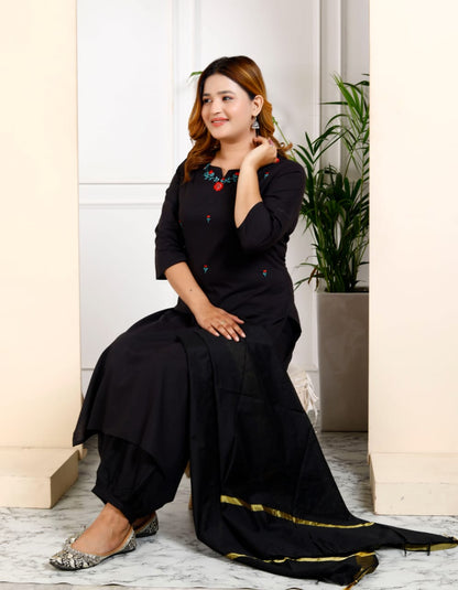 Cotton Embroidered Kurti Pant Set with Dupatta – Fully Stitched