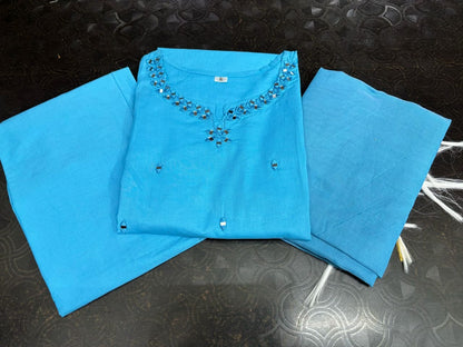 Cotton Embroidered Kurti Pant Set with Dupatta – Fully Stitched