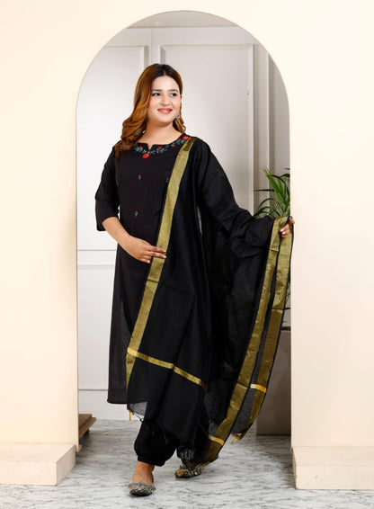 Cotton Embroidered Kurti Pant Set with Dupatta – Fully Stitched