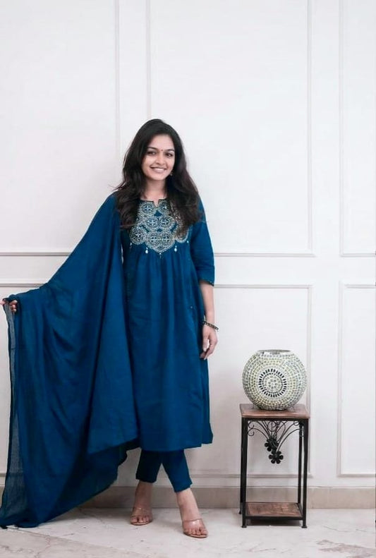 Cotton Embroidered Kurti Pant Set with Dupatta