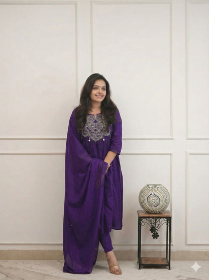 Cotton Embroidered Kurti Pant Set with Dupatta