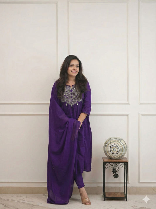 Cotton Embroidered Kurti Pant Set with Dupatta