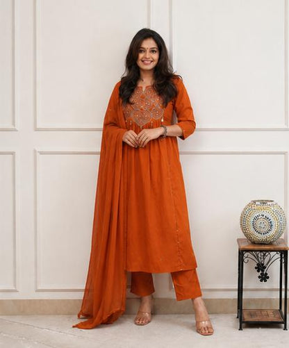 Cotton Embroidered Kurti Pant Set with Dupatta