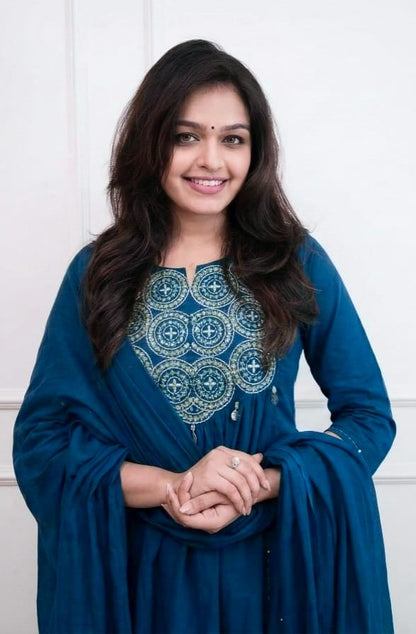 Cotton Embroidered Kurti Pant Set with Dupatta