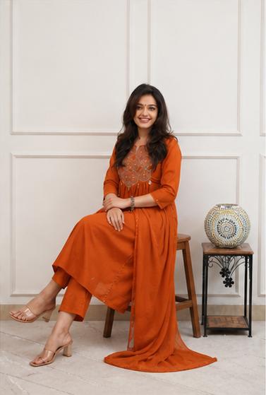Cotton Embroidered Kurti Pant Set with Dupatta