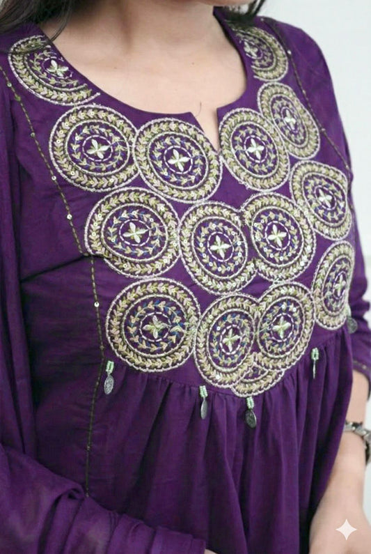 Cotton Embroidered Kurti Pant Set with Dupatta