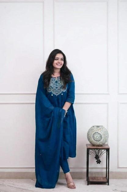 Cotton Embroidered Kurti Pant Set with Dupatta