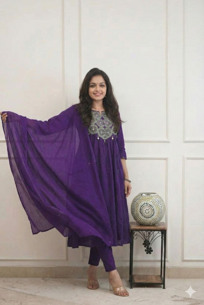 Cotton Embroidered Kurti Pant Set with Dupatta
