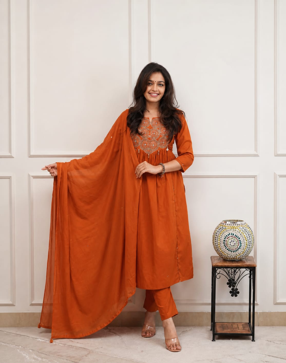 Cotton Embroidered Kurti Pant Set with Dupatta