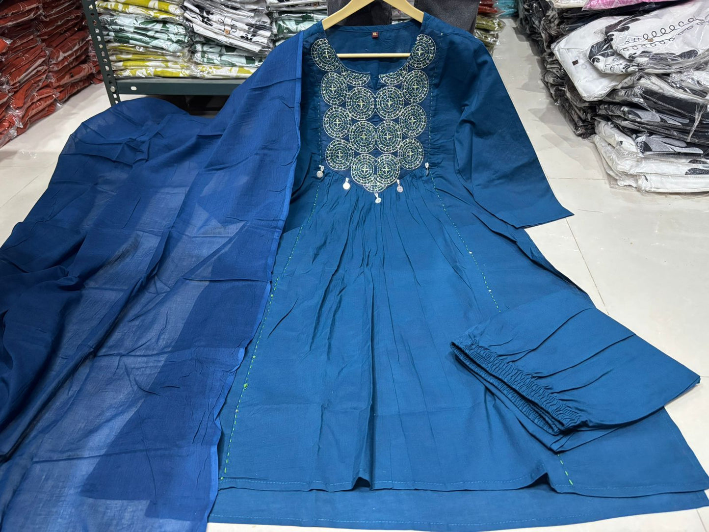 Cotton Embroidered Kurti Pant Set with Dupatta