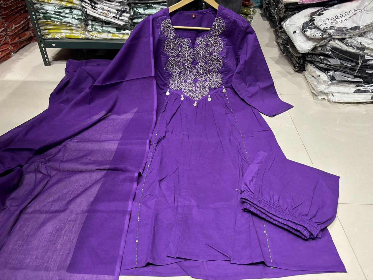 Cotton Embroidered Kurti Pant Set with Dupatta