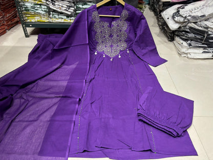Cotton Embroidered Kurti Pant Set with Dupatta