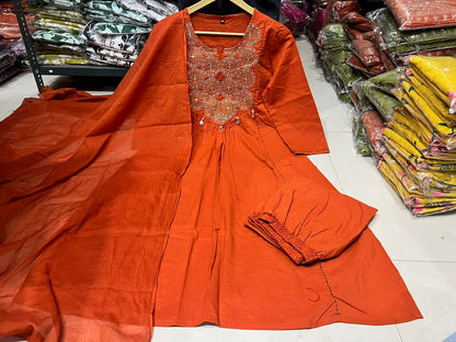 Cotton Embroidered Kurti Pant Set with Dupatta