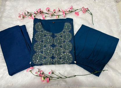 Cotton Embroidered Kurti Pant Set with Dupatta
